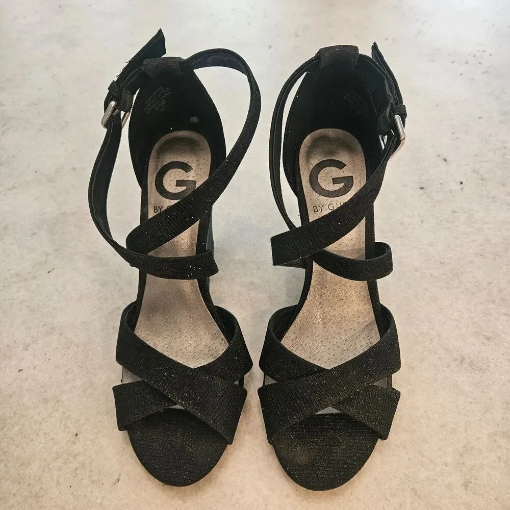 G by Guess Black Glimmer fabric Peep-Toe Wedge Sandals Strappy Night Out Glitter